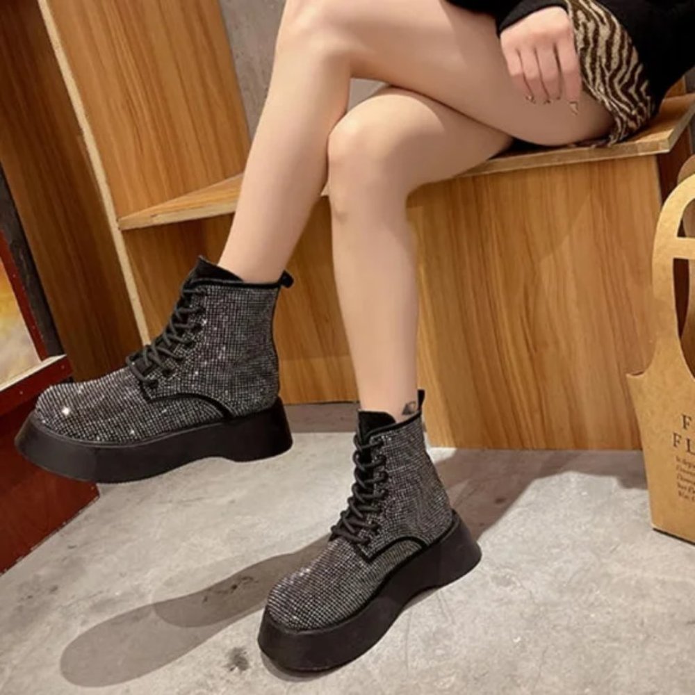 NEW SILVER SPARKLY LACE UP COMBAT BOOTS - Picture 5 of 6